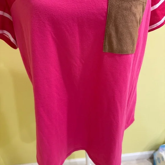 Vibrant Pink Striped Tee with Brown Pocket - Picture 6 of 10